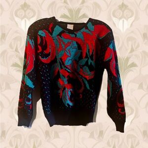 VINTAGE Acrylic sweater Size S Deep navy blue/ Green/ Red Large Flower Motif